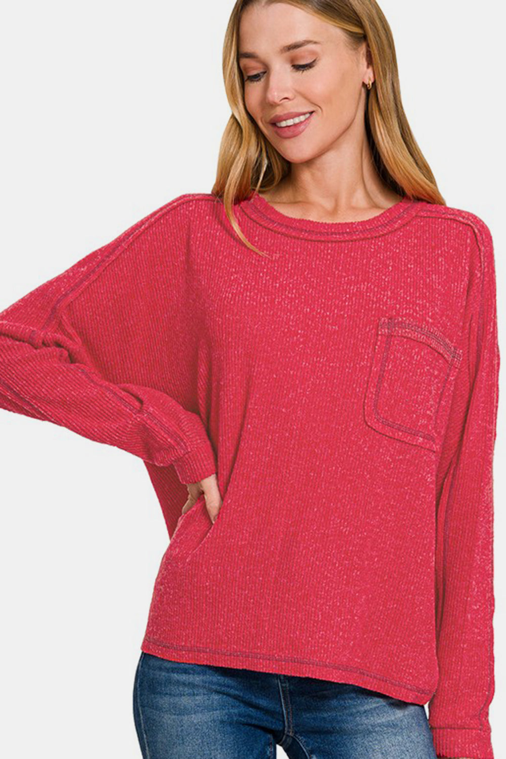 Zenana Full Size Contrast Stitching Brushed Ribbed Hacci Knit Top