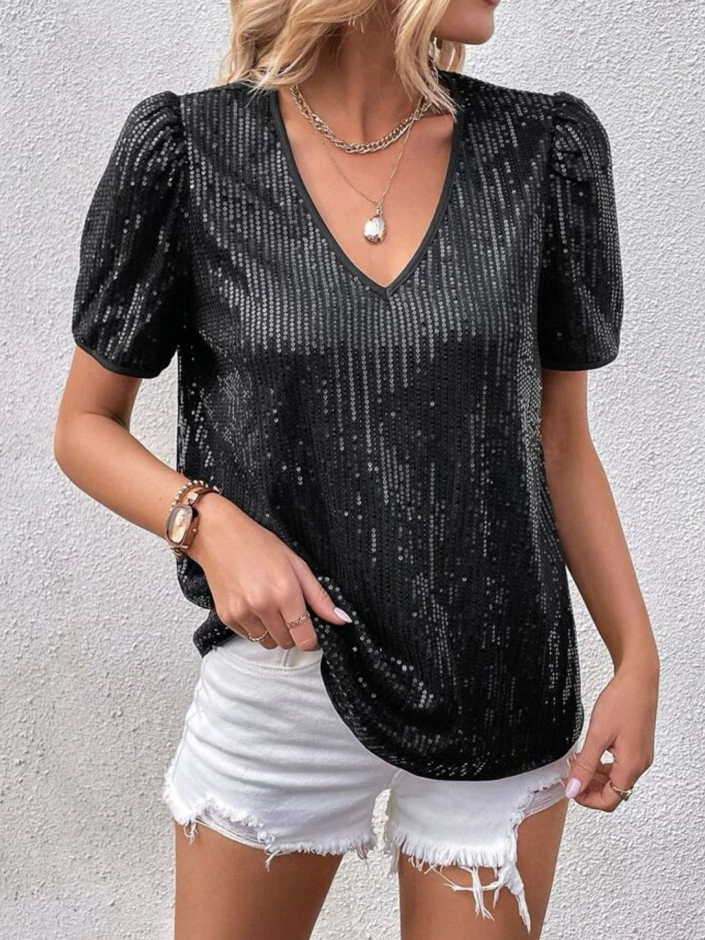 Sequin Round Neck Short Sleeve Top