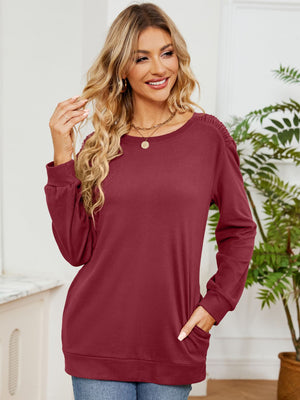 Ruched Shoulder Round Neck Long Sleeve Sweatshirt