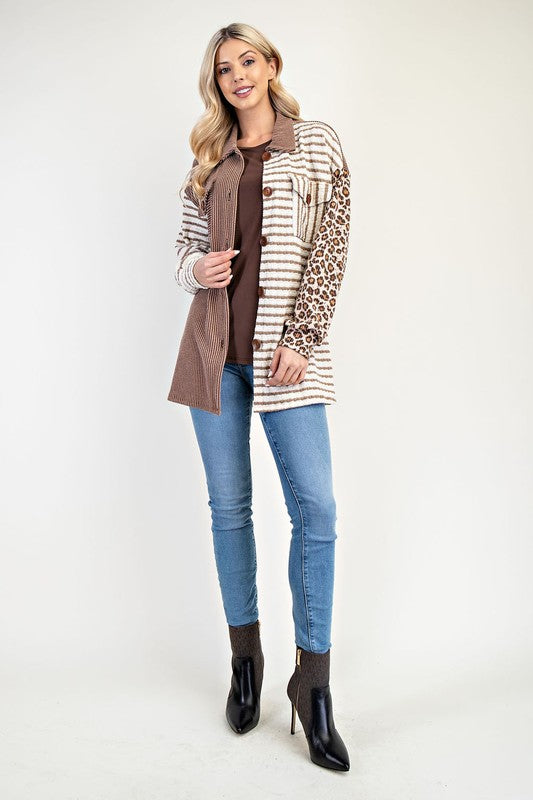 Celeste Full Size Leopard Contrast Button Up Shacket