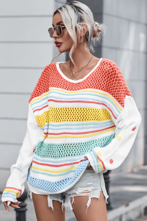 Hollow Striped Color Block Round Neck Sweater