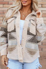 Geometric Button Up Long Sleep Fuzzy Jacket