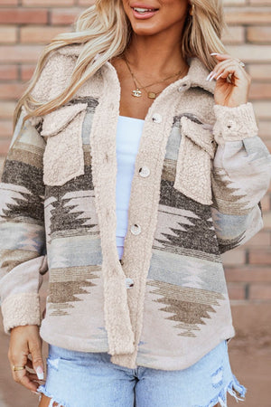 Geometric Button Up Long Sleep Fuzzy Jacket