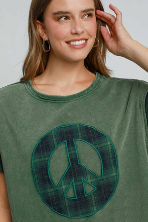 Umgee Peace Applique Round Neck French Terry Top