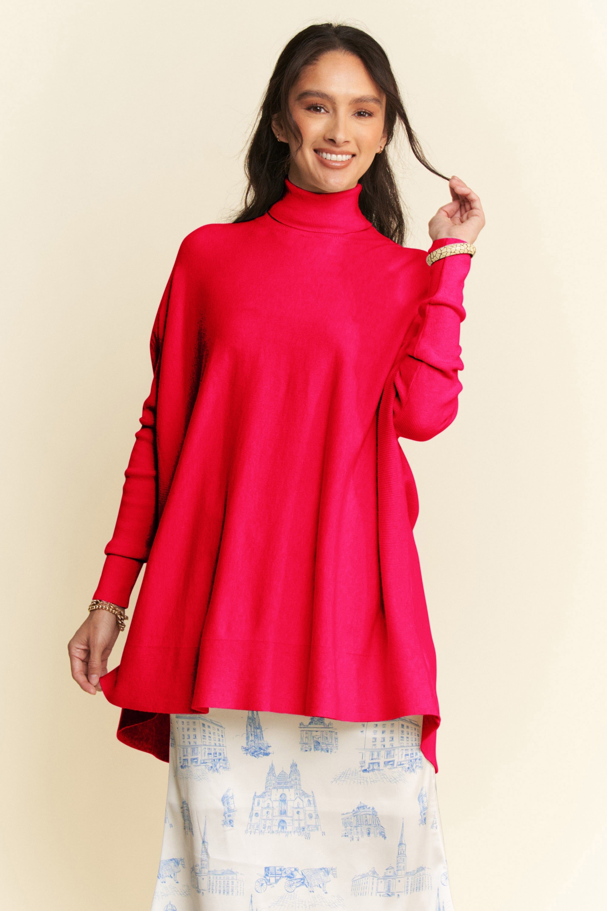 Davi & Dani High-Low Turtleneck Long Sleeve Knit Top