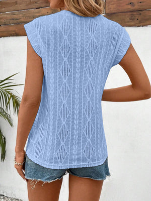 Openwork Round Neck Cap Sleeve Top