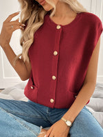 Perfee Pocketed Round Neck Cap Sleeve Cardigan