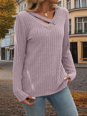 Ribbed V-Neck Long Sleeve T-Shirt