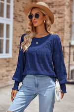 Ruched Round Neck Lantern Sleeve Blouse