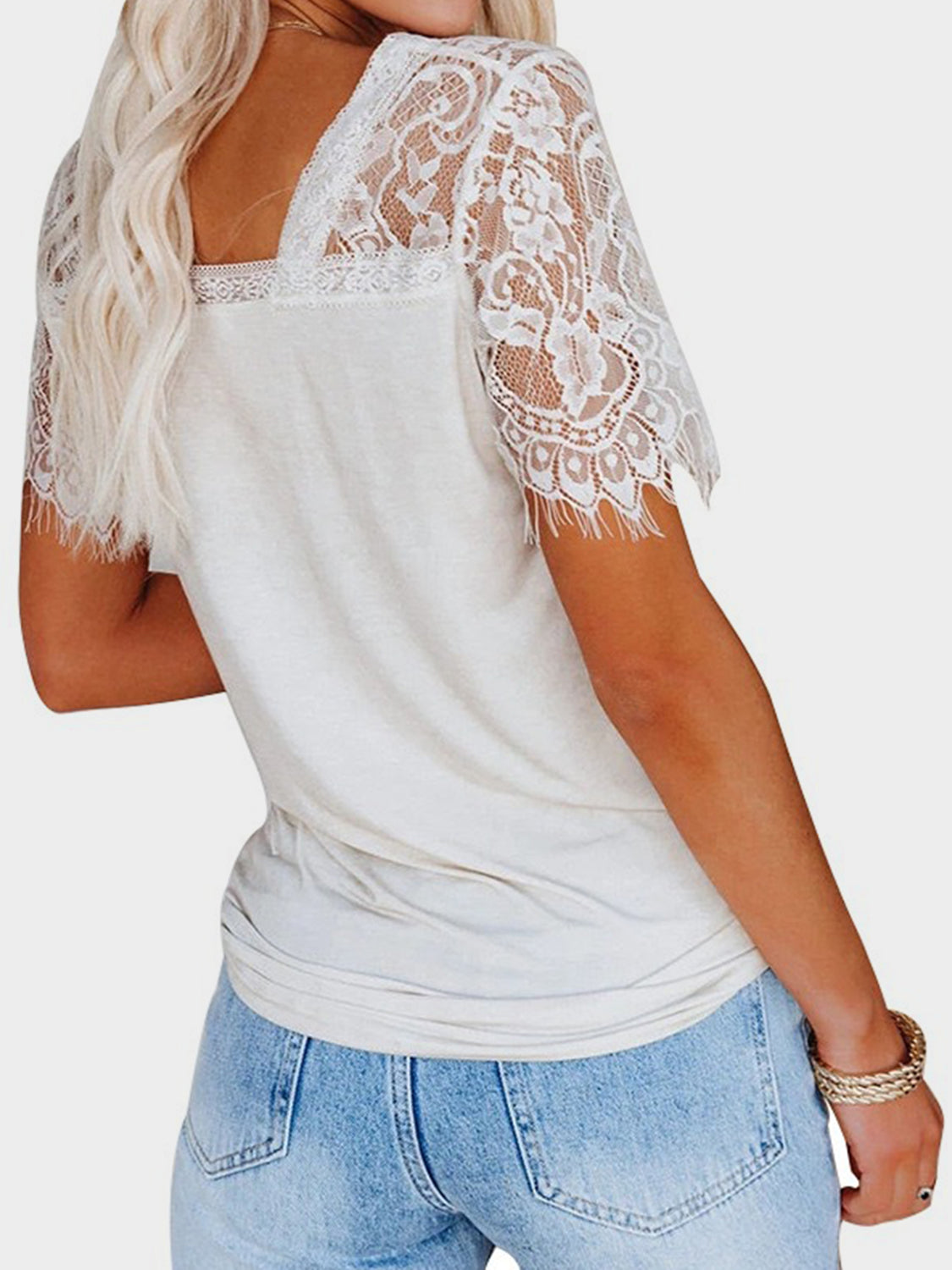 Lace Patchwork V-Neck Short Sleeve T-Shirt