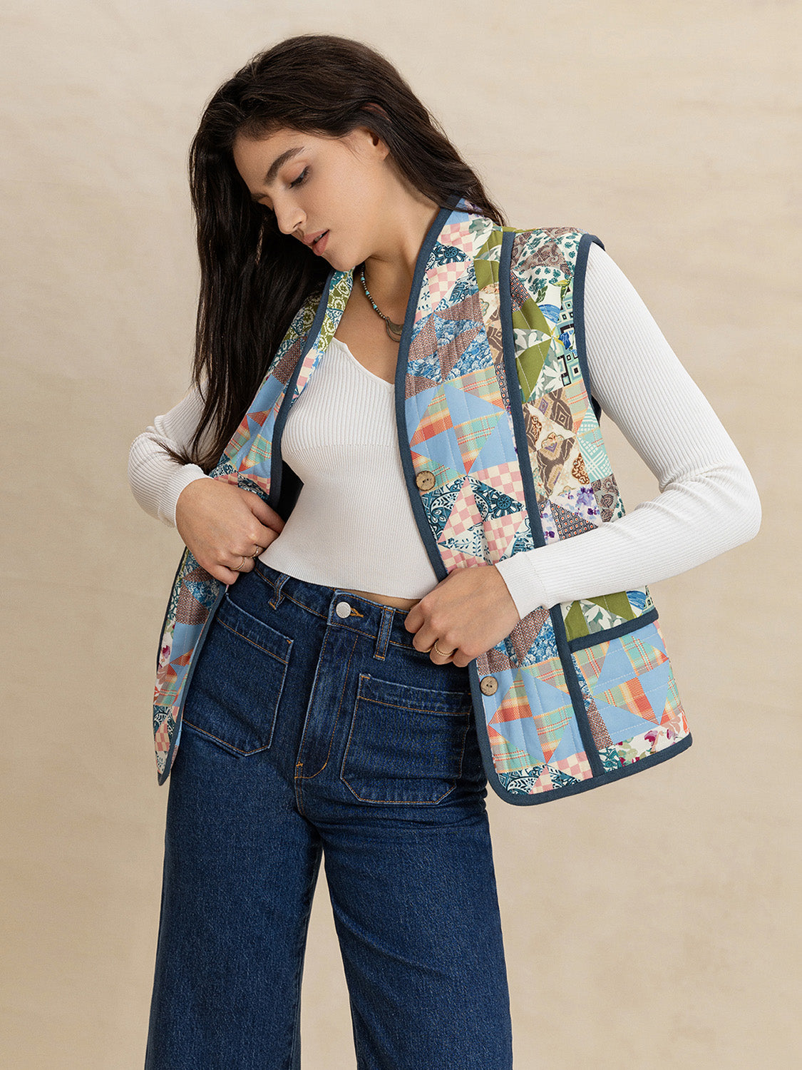 Printed Patchwork Contrast Piping Vest