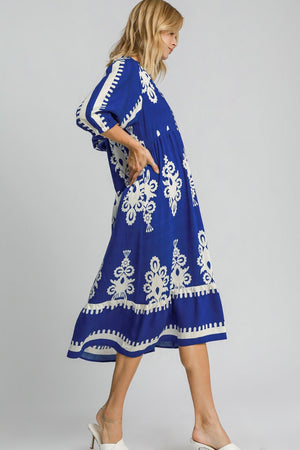 Umgee Printed Notched Midi Dress