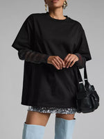 Faux Layered Round Neck Mesh Sleeve Top