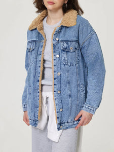 Button Up Collared Neck Plush Denim Jacket