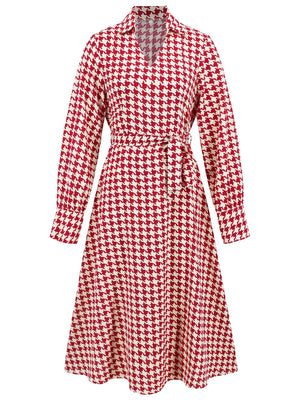 Tied Houndstooth Long Sleeve Midi Dress