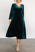 V-Neck Long Sleeve Midi Velvet Dress