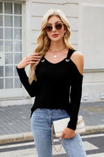 Ribbed Cold Shoulder Long Sleeve Top