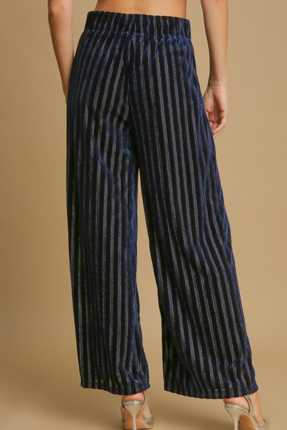 Umgee Full Size Elastic Waist Striped Wide Leg Velvet Pants