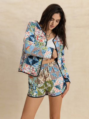 Printed Button Up Long Sleeve Outerwear and Shorts Set