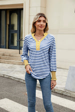 Contrast Striped Notched Long Sleeve Top