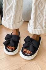 Bow Waffle-Knit Platform Slippers