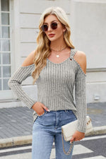 Ribbed Cold Shoulder Long Sleeve Top