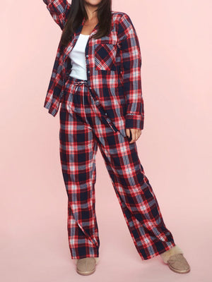 Plaid Collared Neck Button Up Top and Pants Lounge Set