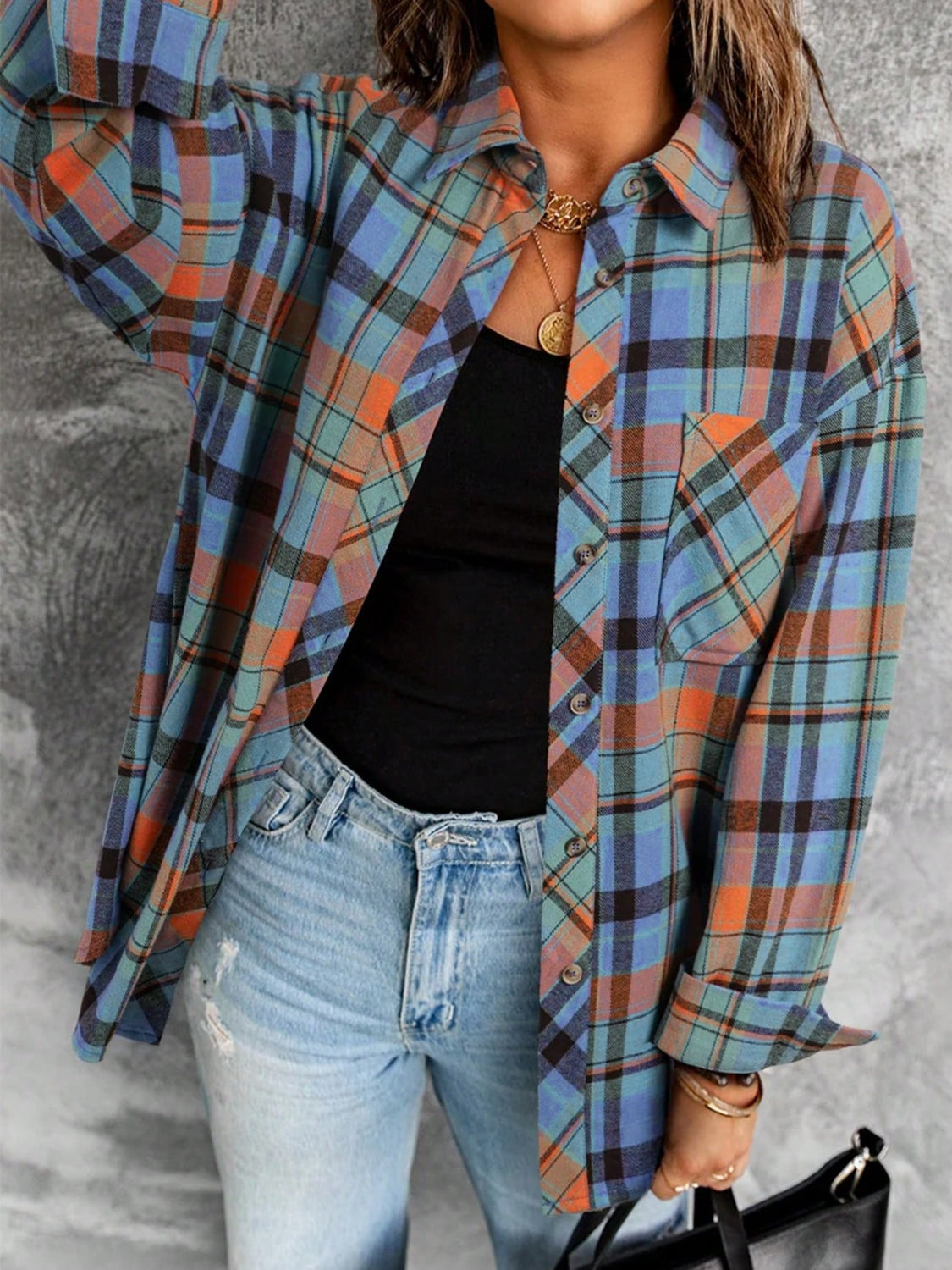 Plaid Collared Neck Long Sleeve Shirt