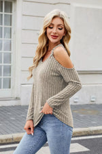 Ribbed Cold Shoulder Long Sleeve Top