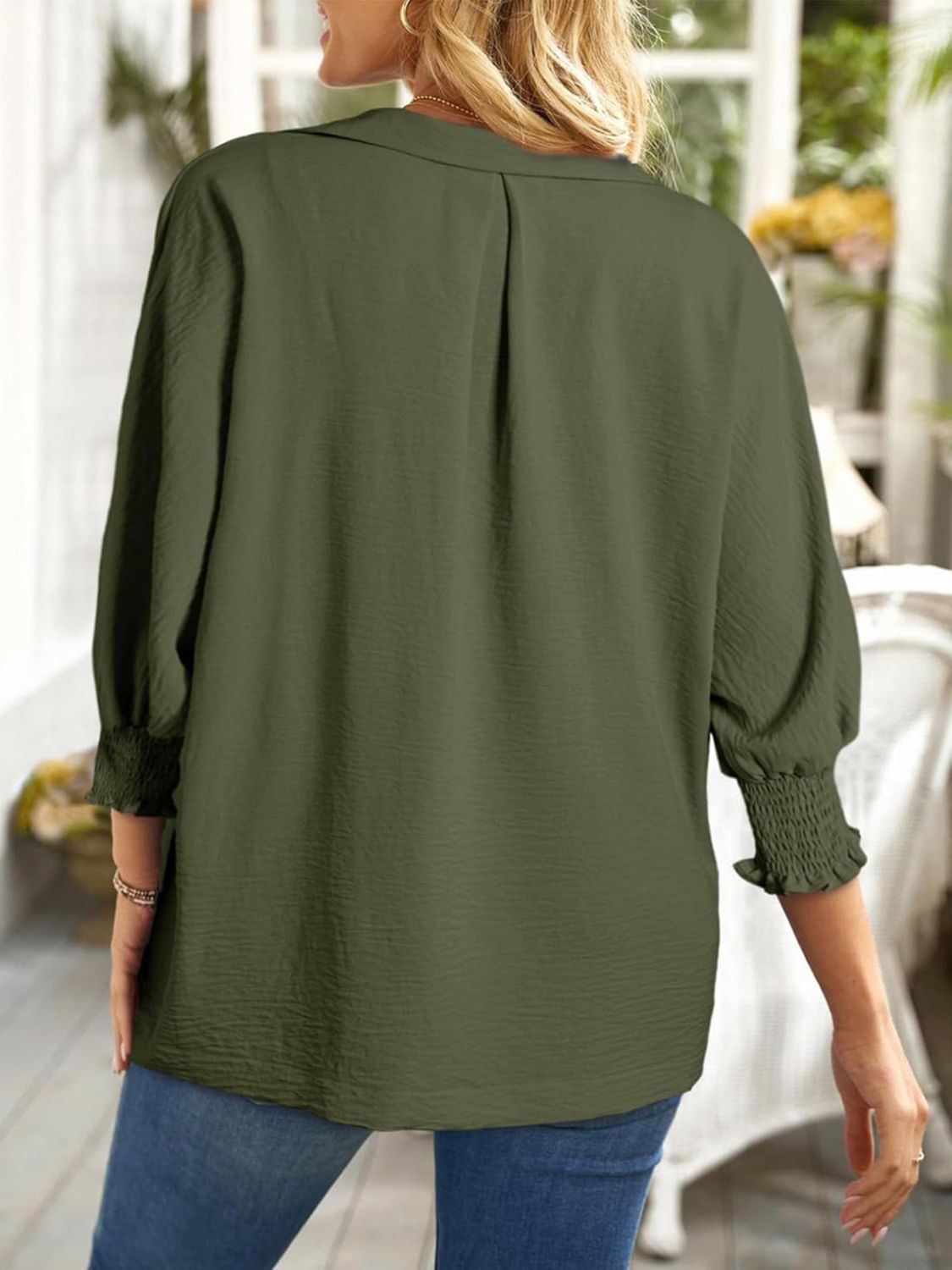 Johnny Collar Three-Quarter Sleeve Blouse