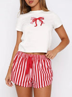 Printed Round Neck Short Sleeve Top and Drawstring Shorts Set