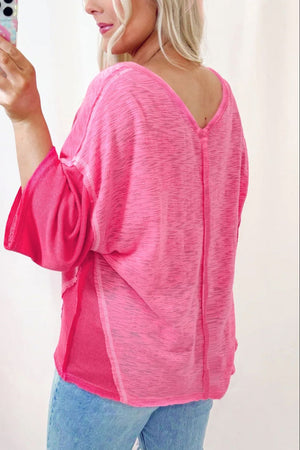 Exposed Seam V-Neck Three-Quarter Sleeve Blouse