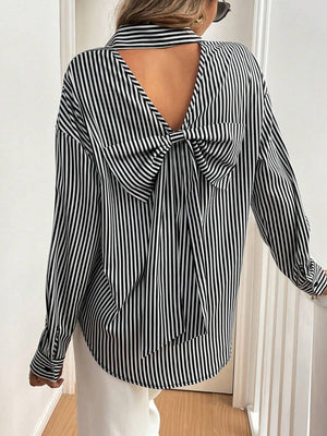 Cutout Bow Back Striped Collared Neck Long Sleeve Shirt