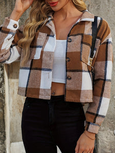 Plaid Collared Neck Cropped Jacket