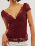 Lace Detail V-Neck Cap Sleeve Top