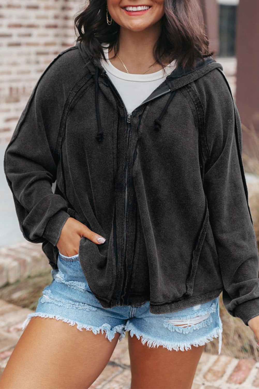 Exposed Seam Zip Up Long Sleeve Drawstring Hoodie