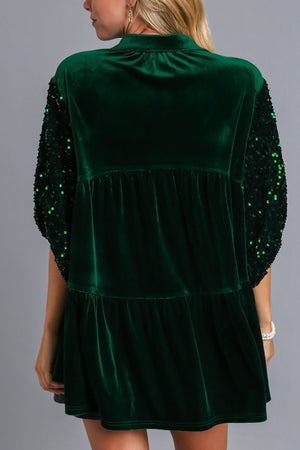 Umgee Sequin Detail Tiered Back Half Sleeve Shirt