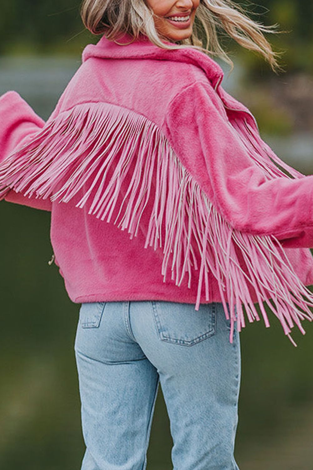 Fringed Zip Up Fleece Jacket