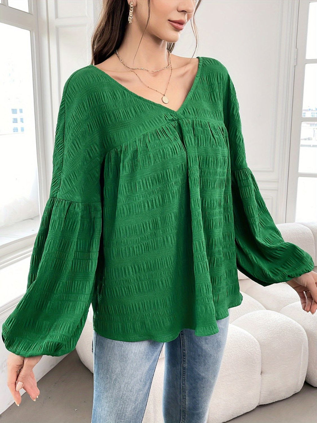 Plus Size Texture V-Neck Long Sleeve Top