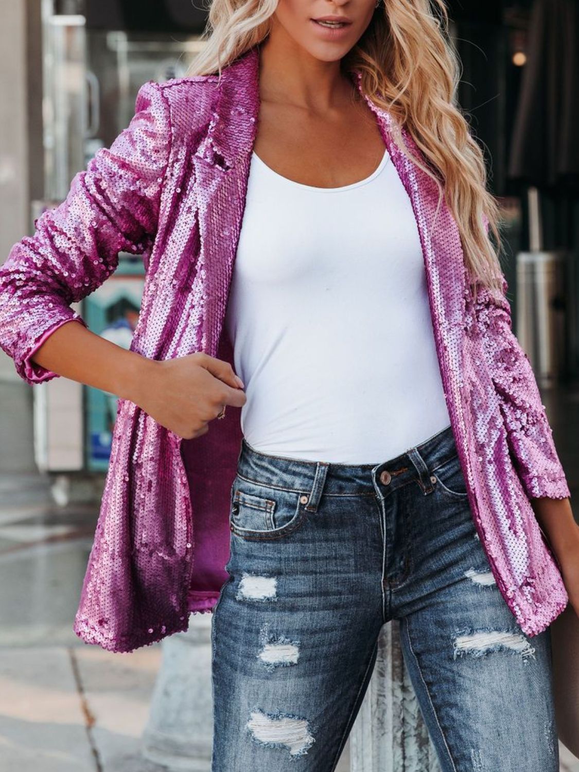 Sequin Lapel Collar Long Sleeve Blazer