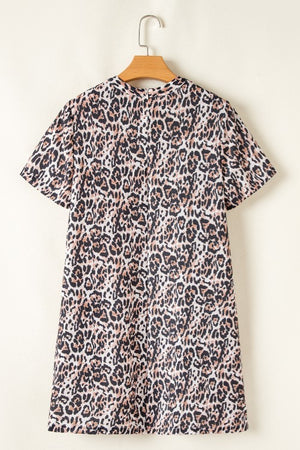 Leopard Round Neck Short Sleeve Mini Dress