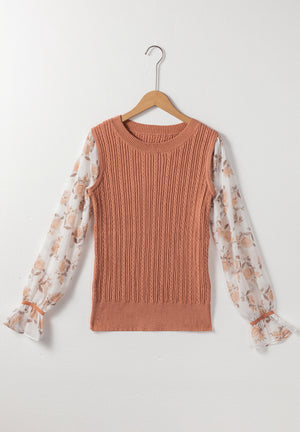 Cable Knit Round Neck Flounce Sleeve Sweater