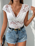 Perfee Lace Backless V-Neck Cap Sleeve Bodysuit