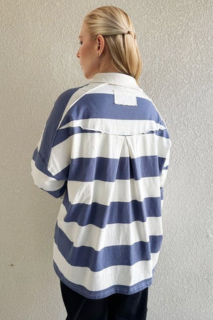 Oh Pima Cotton Wash Wide Striped Collared Neck Long Sleeve Top