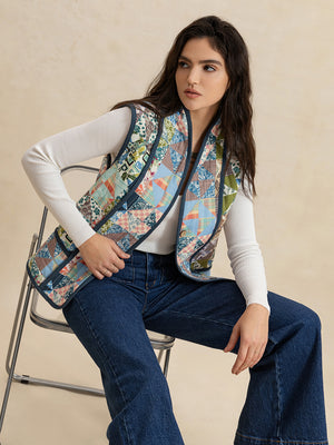 Printed Patchwork Contrast Piping Vest