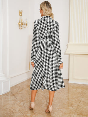 Tied Houndstooth Long Sleeve Midi Dress