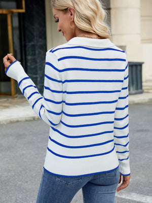 Striped Johnny Collar Long Sleeve Sweater