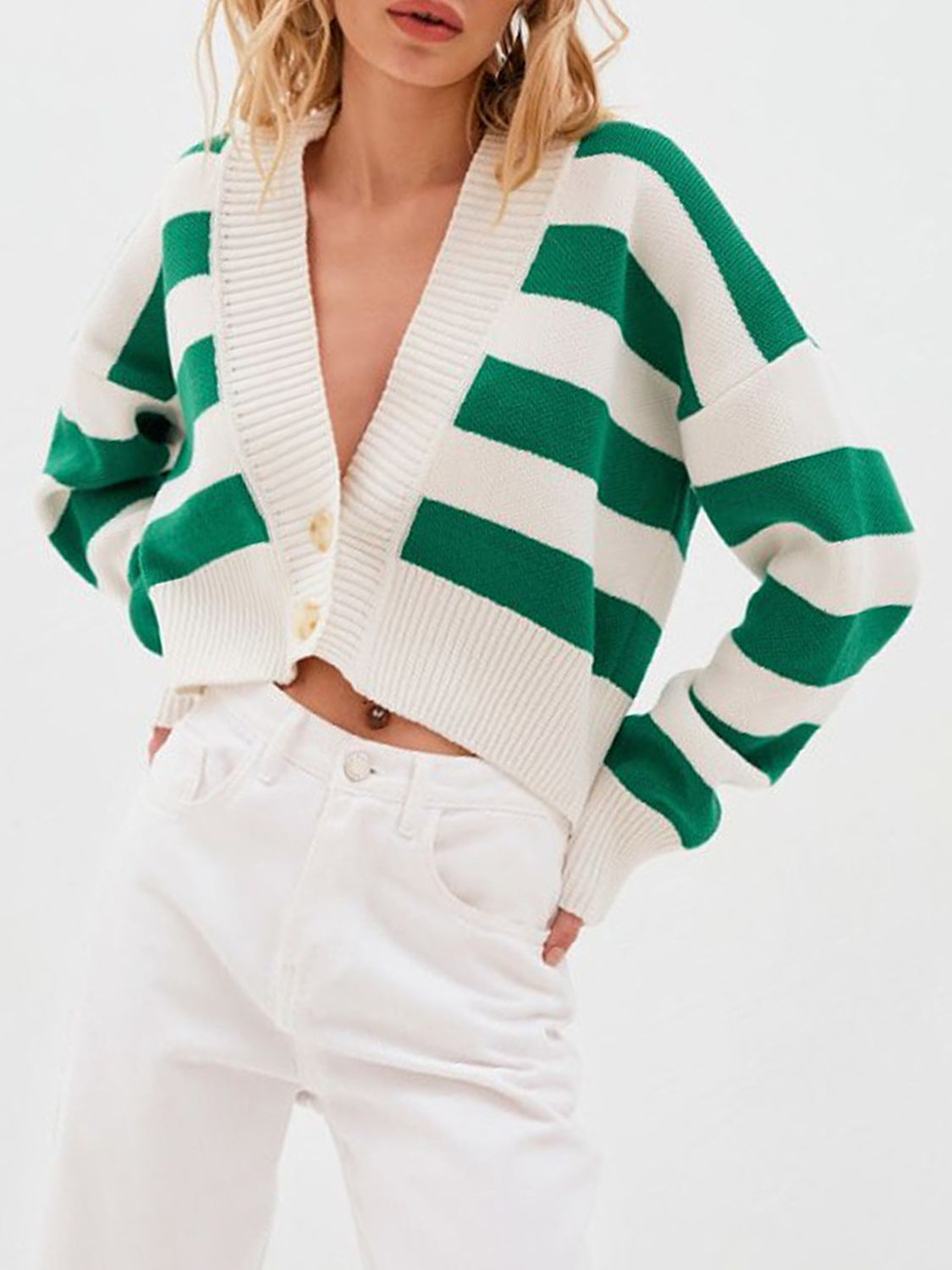 Striped Button Down Drop Shoulder Cardigan