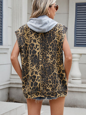 Leopard Buttton Up Denim Vest