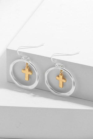 Brass Contrast Cross Dangle Earrings